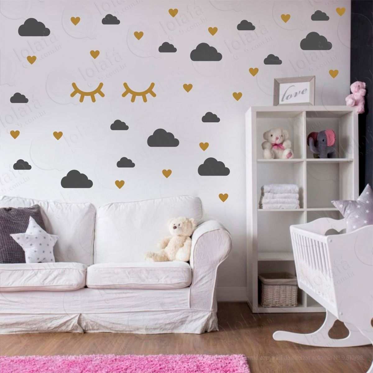nuvens cílios e corações adesivos para quarto de bebê mod:541