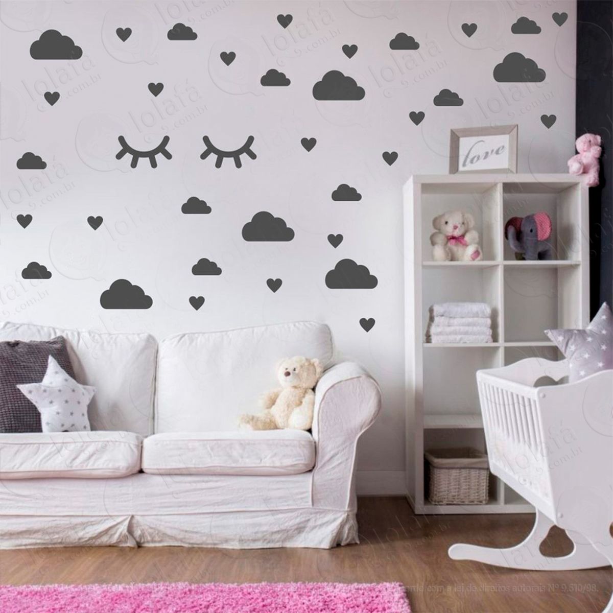 nuvens cílios e corações adesivos para quarto de bebê mod:542
