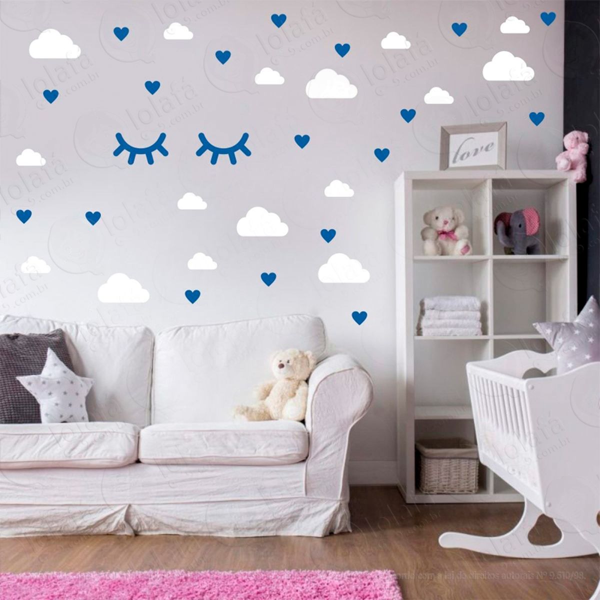 Adesivos Nuvens Cílios e Corações 78 Peças Adesivos para Quarto de Bebê Infantil - Mod:545