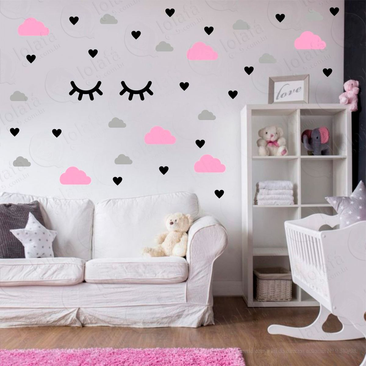 nuvens cílios e corações adesivos para quarto de bebê mod:547