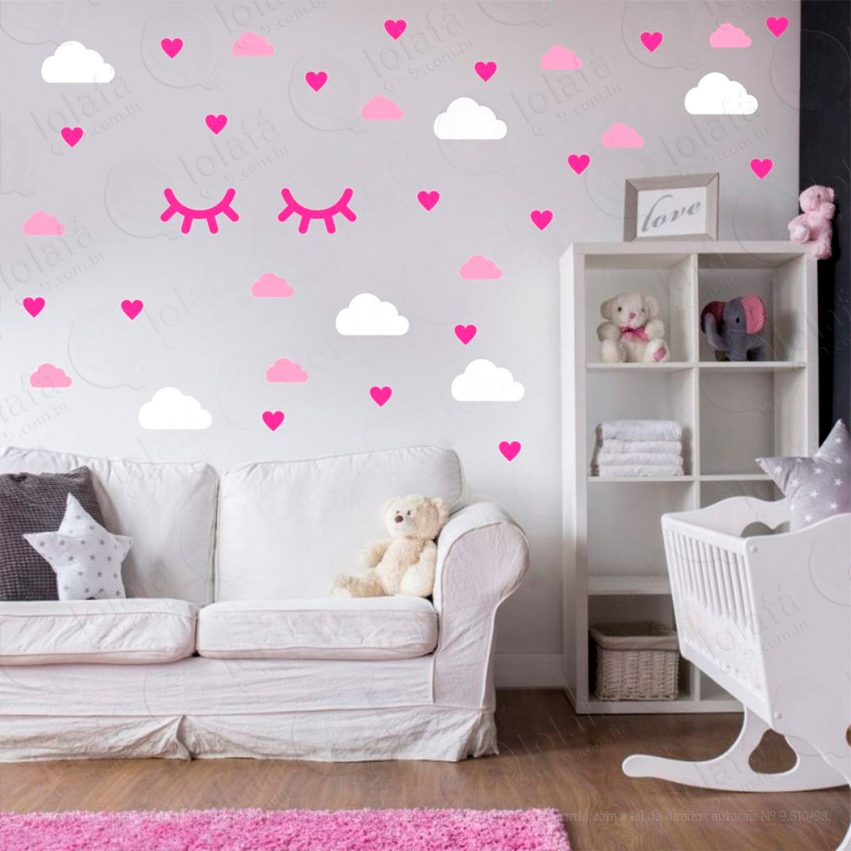 nuvens cílios e corações adesivos para quarto de bebê mod:550