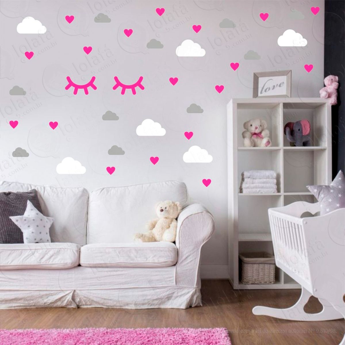 nuvens cílios e corações adesivos para quarto de bebê mod:553