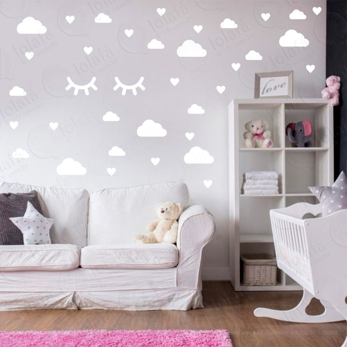 nuvens cílios e corações adesivos para quarto de bebê mod:554