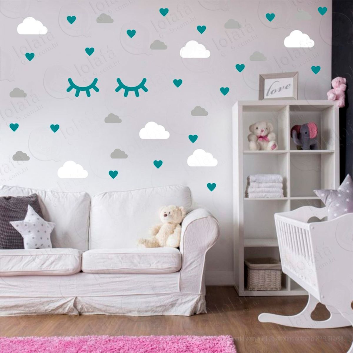 nuvens cílios e corações adesivos para quarto de bebê mod:557