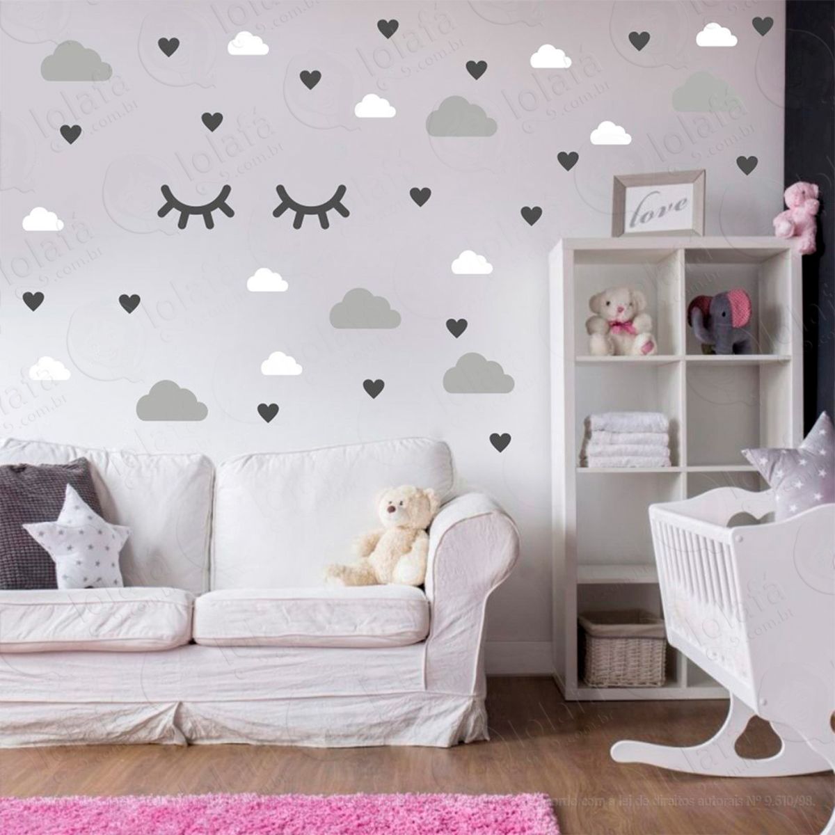 nuvens cílios e corações adesivos para quarto de bebê mod:561