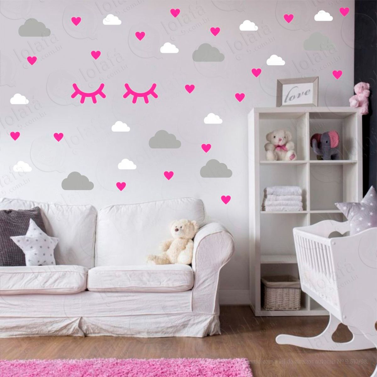 nuvens cílios e corações adesivos para quarto de bebê mod:562