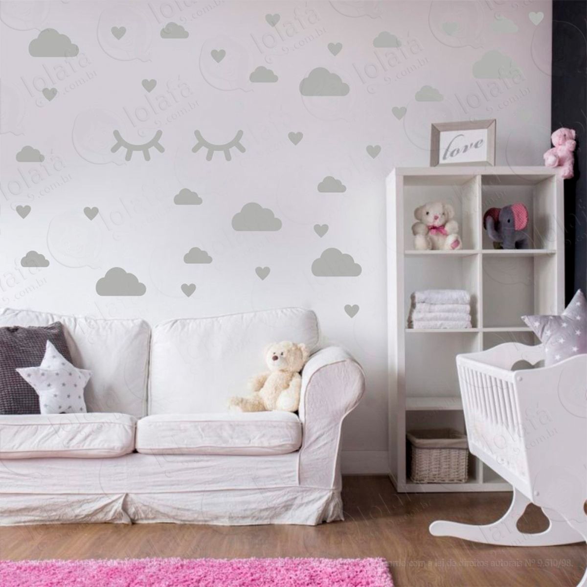 nuvens cílios e corações adesivos para quarto de bebê mod:563