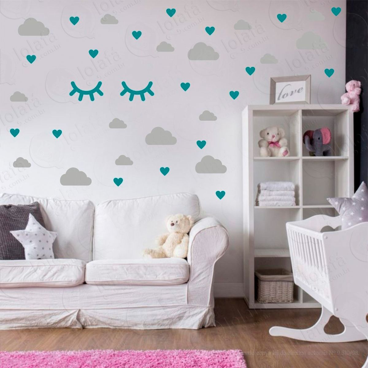 nuvens cílios e corações adesivos para quarto de bebê mod:564