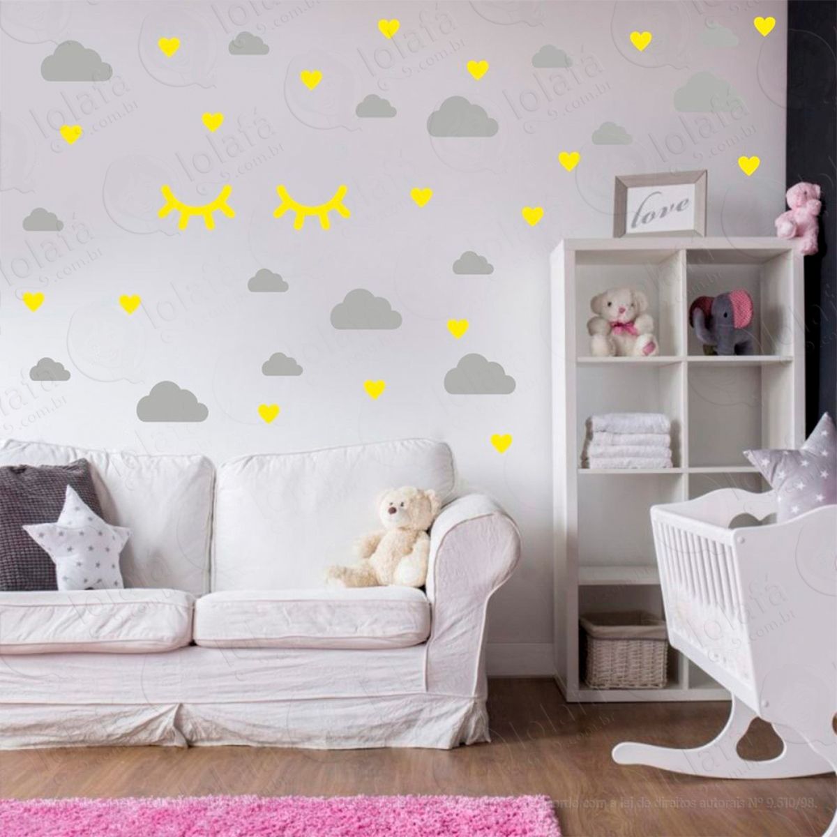 nuvens cílios e corações adesivos para quarto de bebê mod:570
