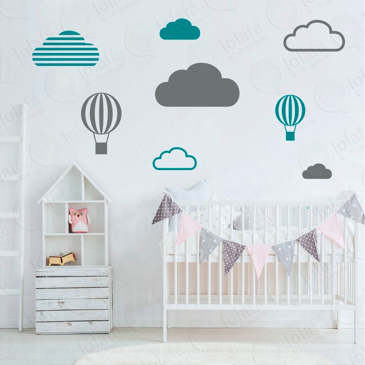 nuvens e balões adesivos para quarto de bebê mod:647
