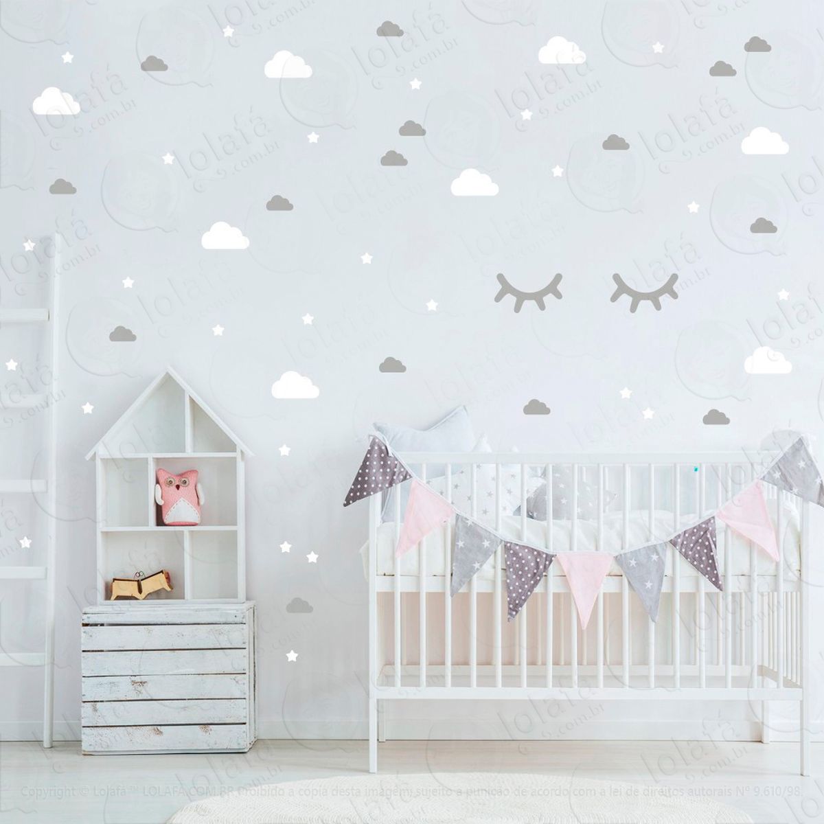 nuvens cílios e estrelas adesivos para quarto de bebê mod:969