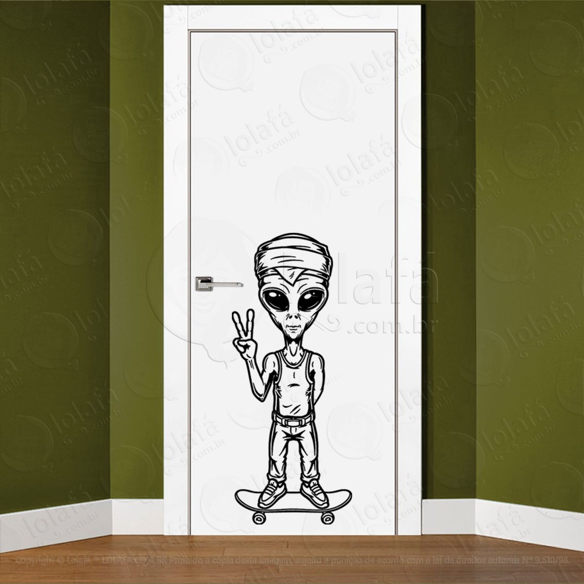 alien skatista adesivo alienígena de parede para quarto, porta e vidro - mod:82