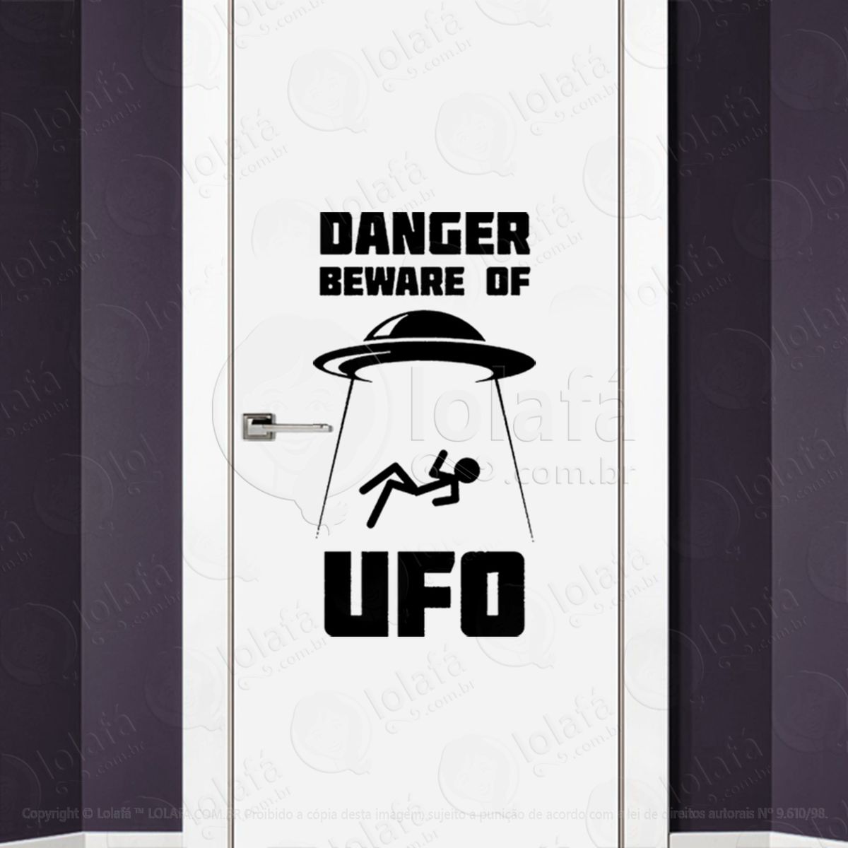 perigo cuidado com ufo ovni adesivo alienígena de parede para quarto, porta e vidro - mod:301