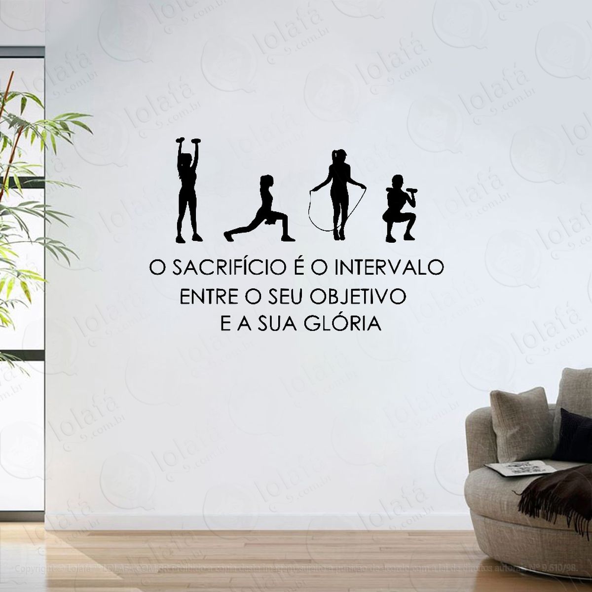 adesivo parede decoração academia exercício frase sacrifício mod:6241