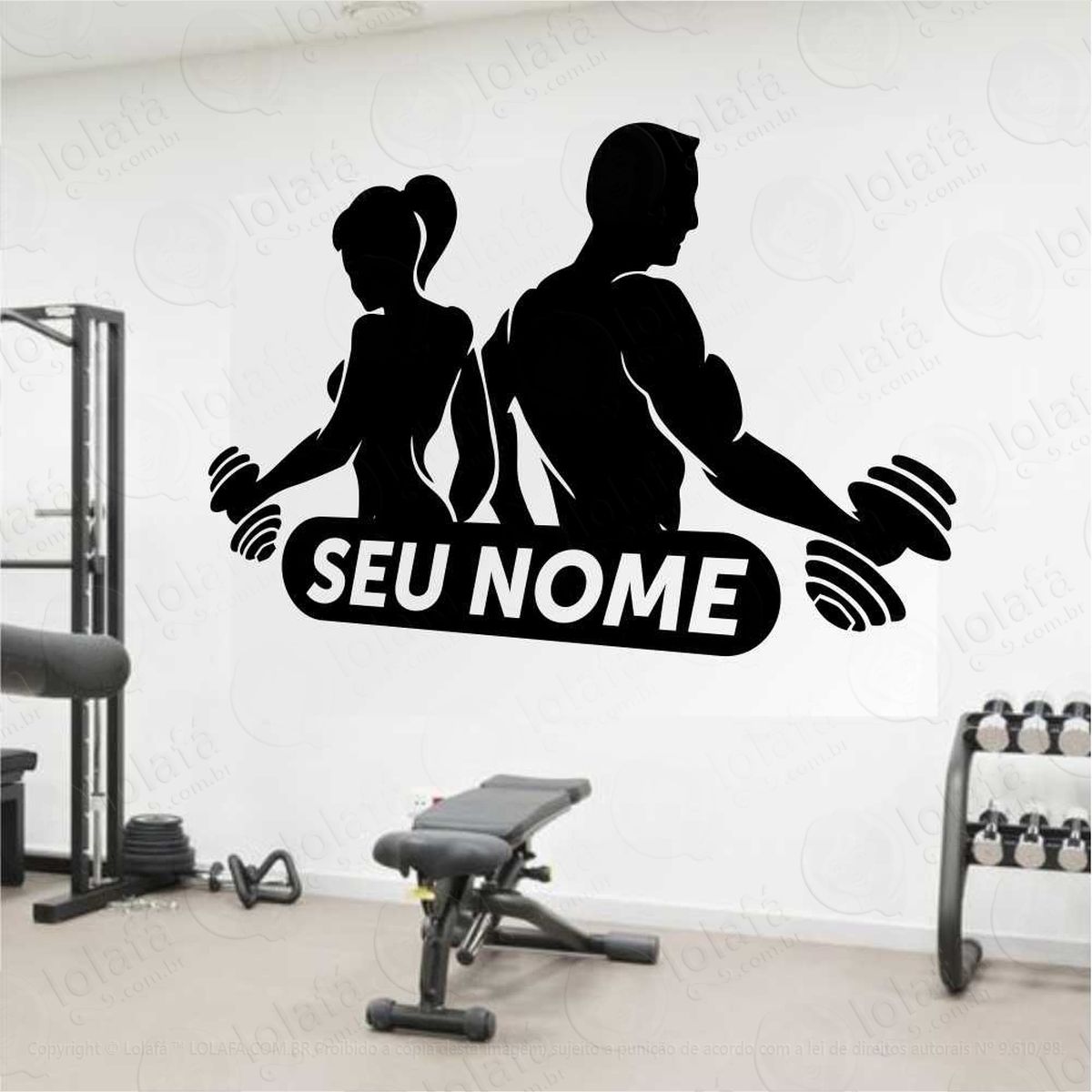 adesivo de parede casal  para academia com seu nome mod:390