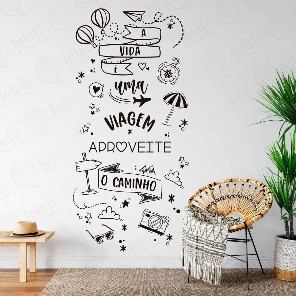 adesivo lettering a vida É uma viagem caminho 120x56cm mod:525