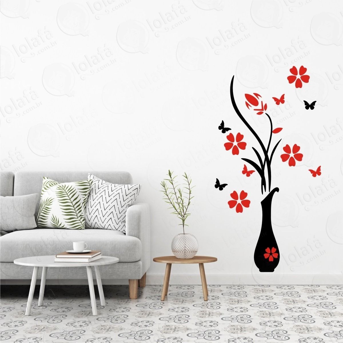 adesivo decorativo de parede flores vermelhas borboletas mod:580