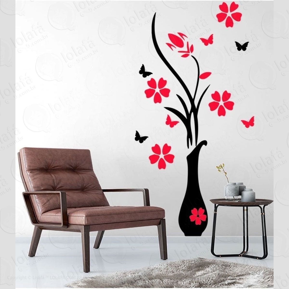 adesivo de parede decorativo flores vermelhas borboletas mod:1024