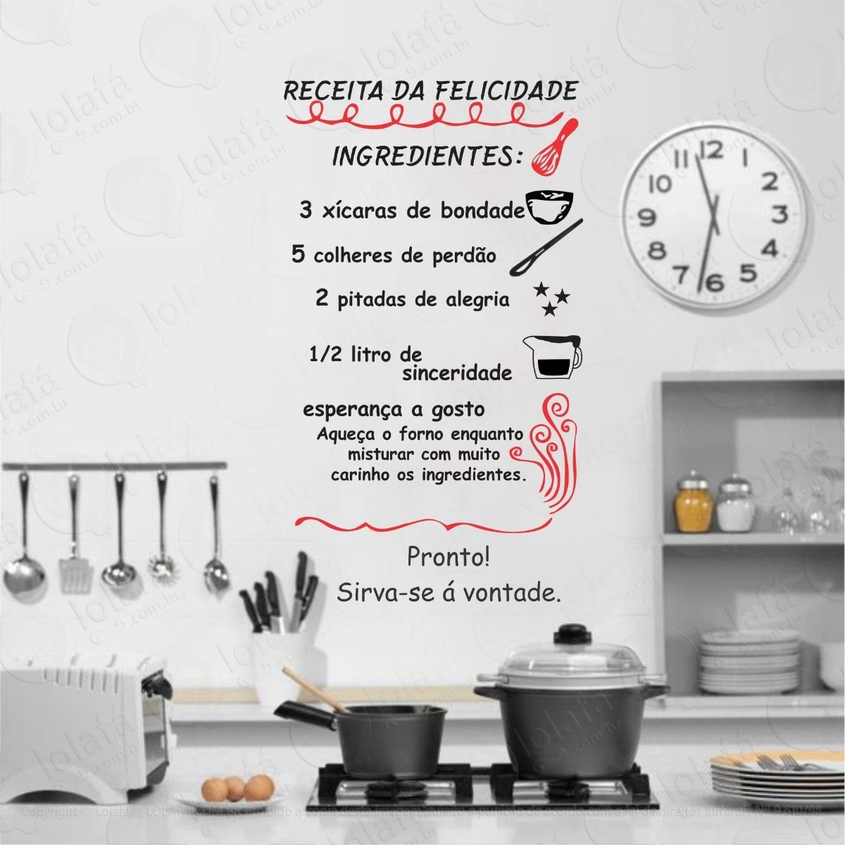 adesivo decorativo parede frase cozinha receita felicidade mod:1067