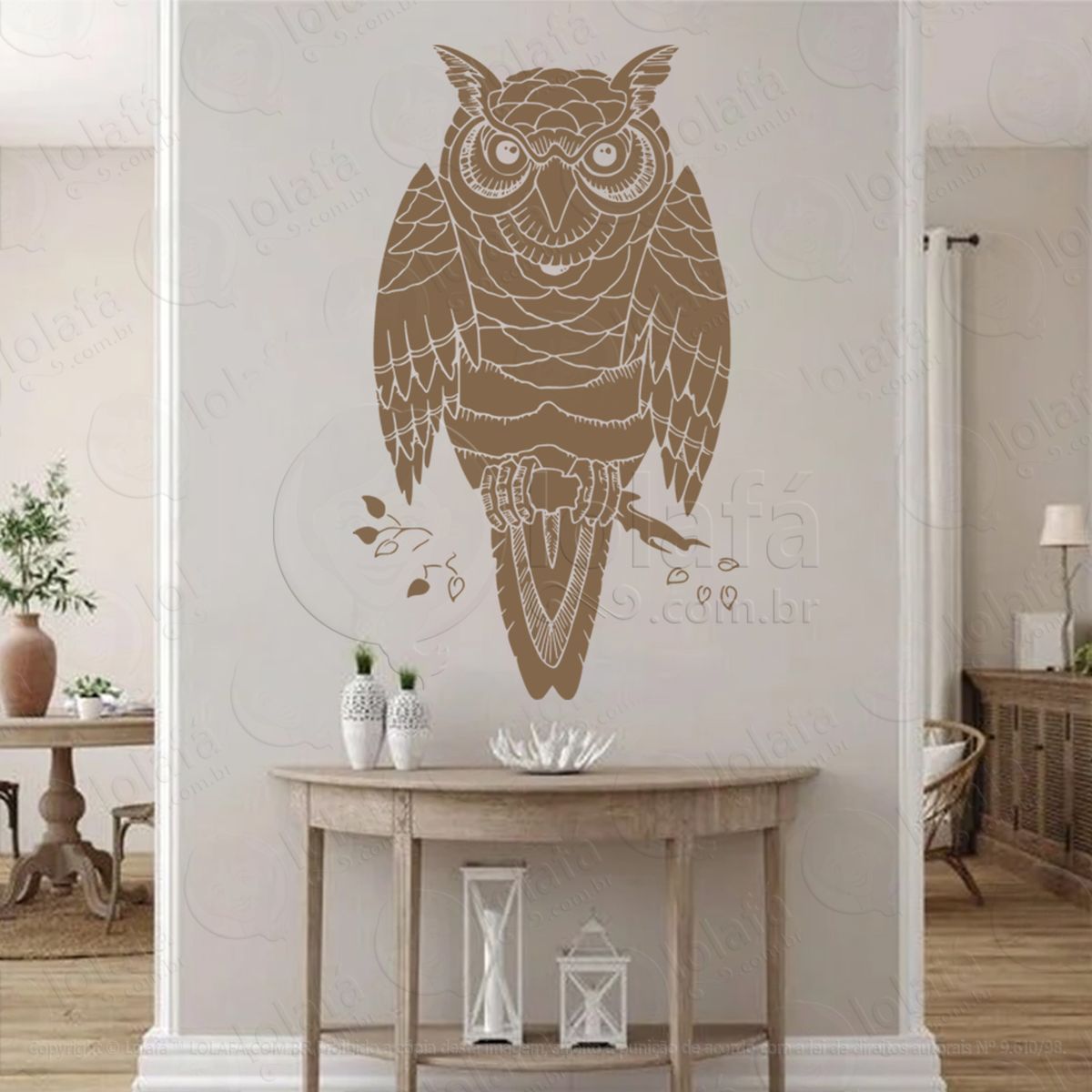 coruja em um galho owl on a branch adesivo de parede decorativo para casa, sala, quarto, vidro e altar ocultista - mod:46