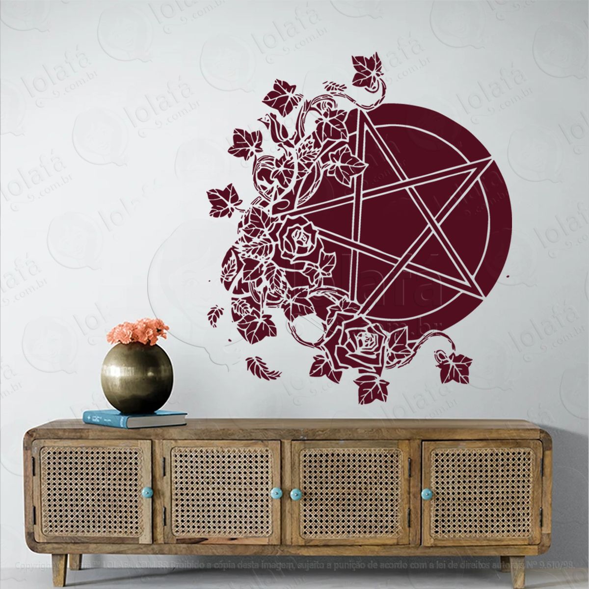 pentáculo e folhas pentancle and leaves adesivo de parede decorativo para casa, sala, quarto, vidro e altar ocultista - mod:54