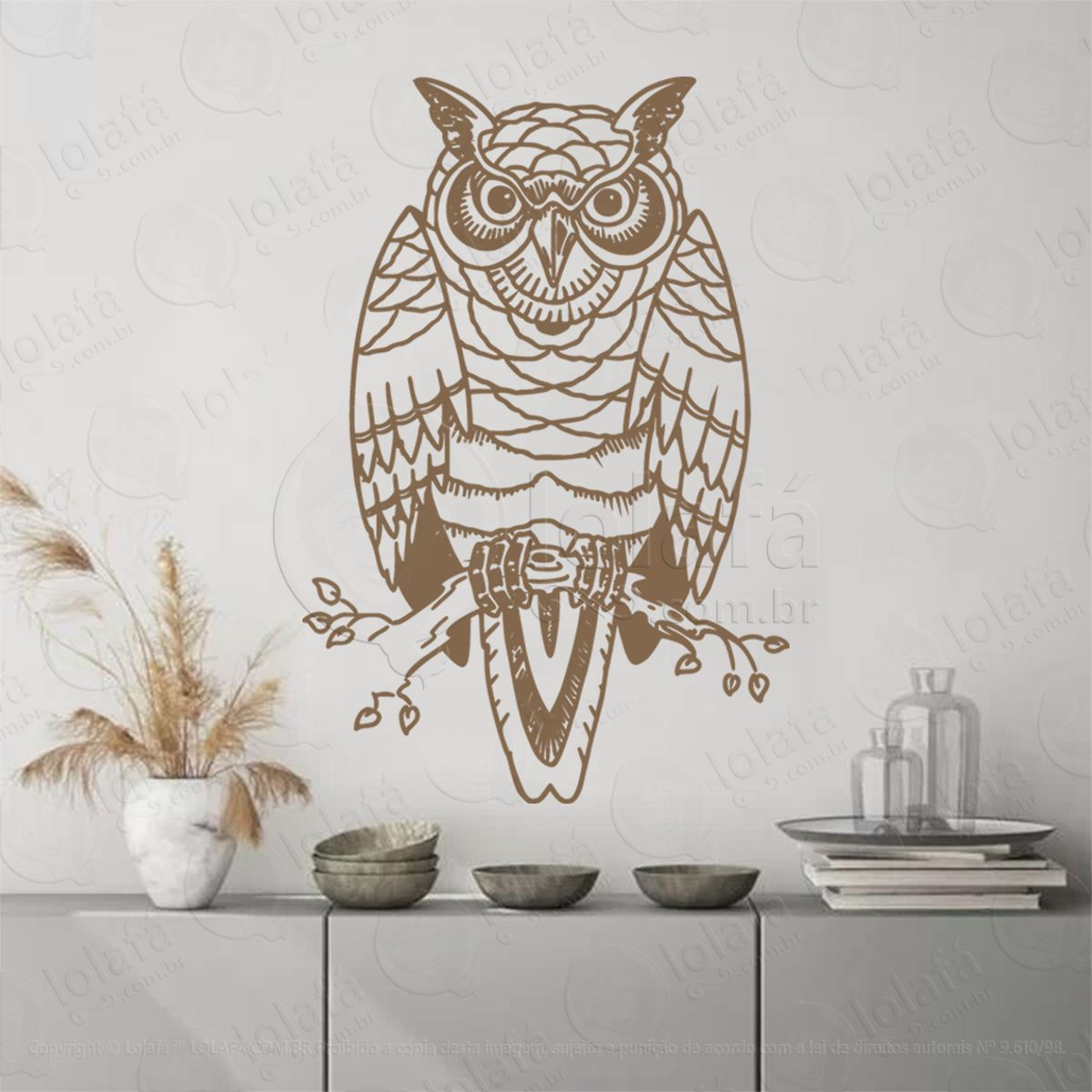 coruja em um galho owl on a branch adesivo de parede decorativo para casa, sala, quarto, vidro e altar ocultista - mod:90
