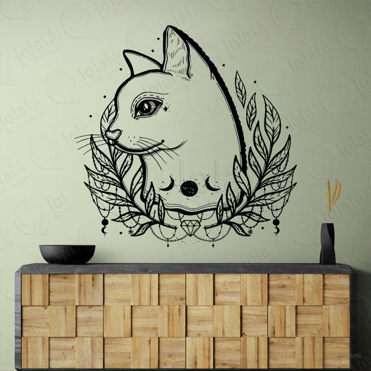 gato com loureiro cat with laurel adesivo de parede decorativo para casa, sala, quarto, vidro e altar ocultista - mod:154