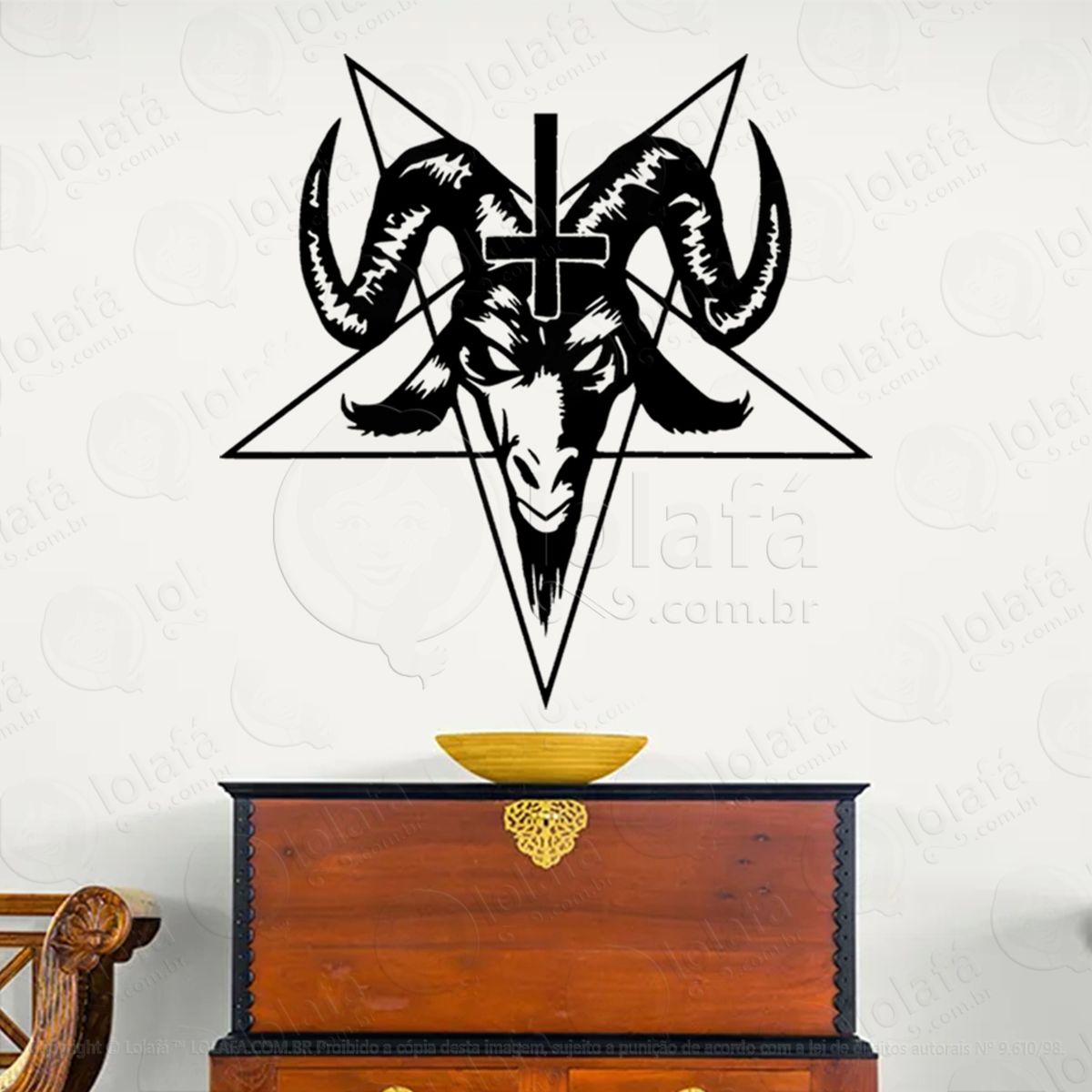 cabeça de baphomet com cruz head with cross adesivo de parede decorativo para casa, sala, quarto, vidro e altar ocultista - mod:239