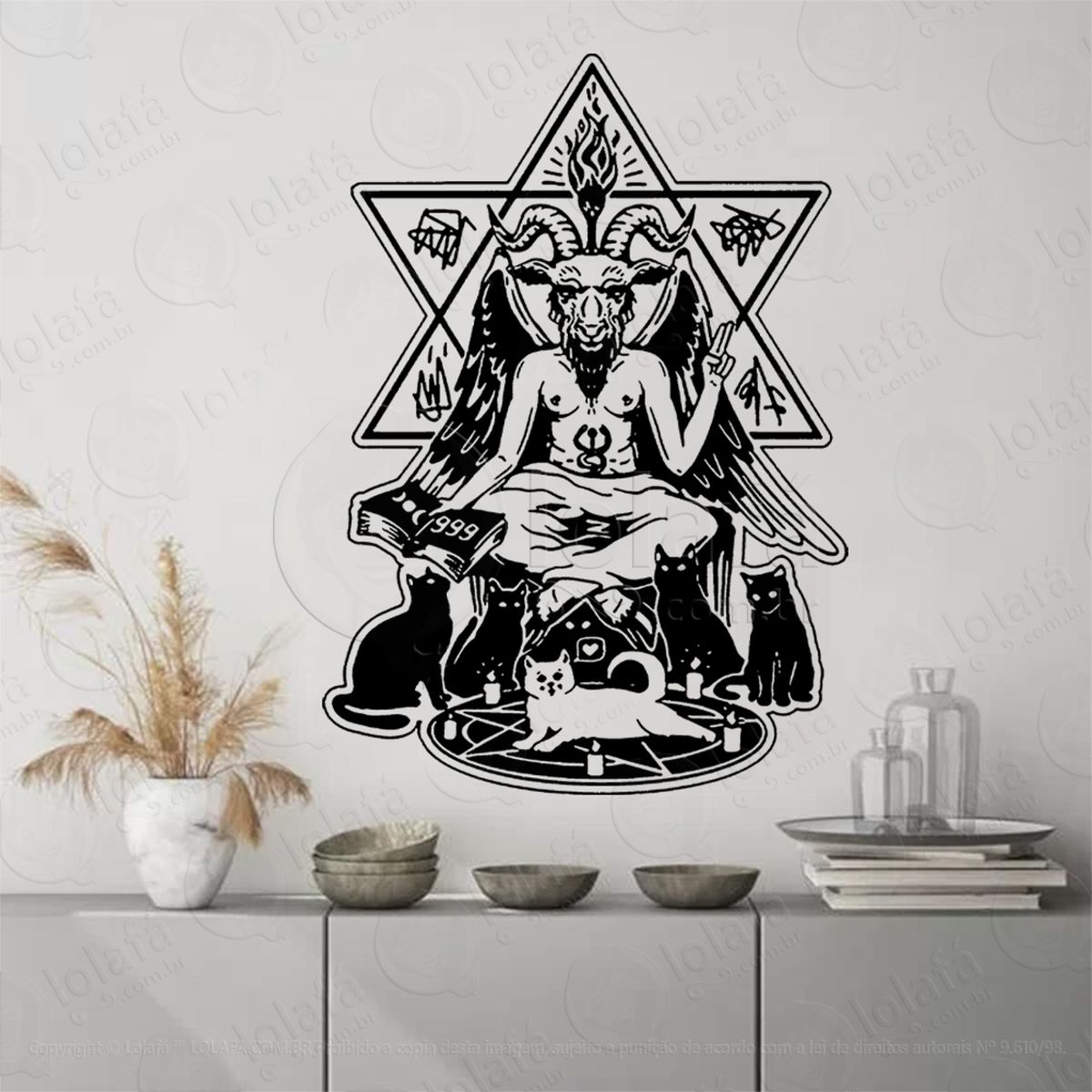 baphomet com gatinhos adesivo de parede decorativo para casa, sala, quarto, vidro e altar ocultista - mod:280