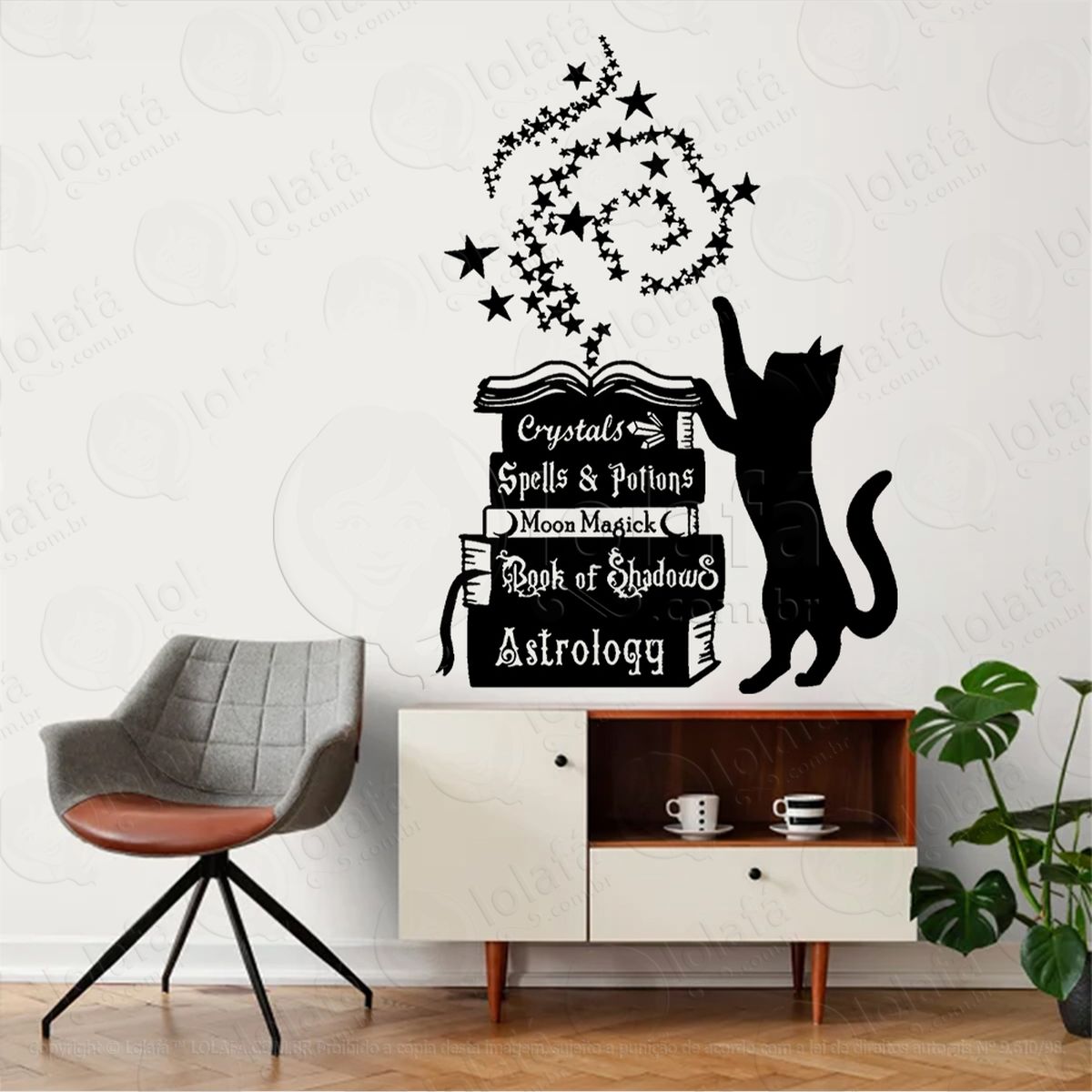 gato com livro das sombras bruxaria book of shadows adesivo de parede decorativo para casa, sala, quarto, vidro e altar ocultista - mod:286