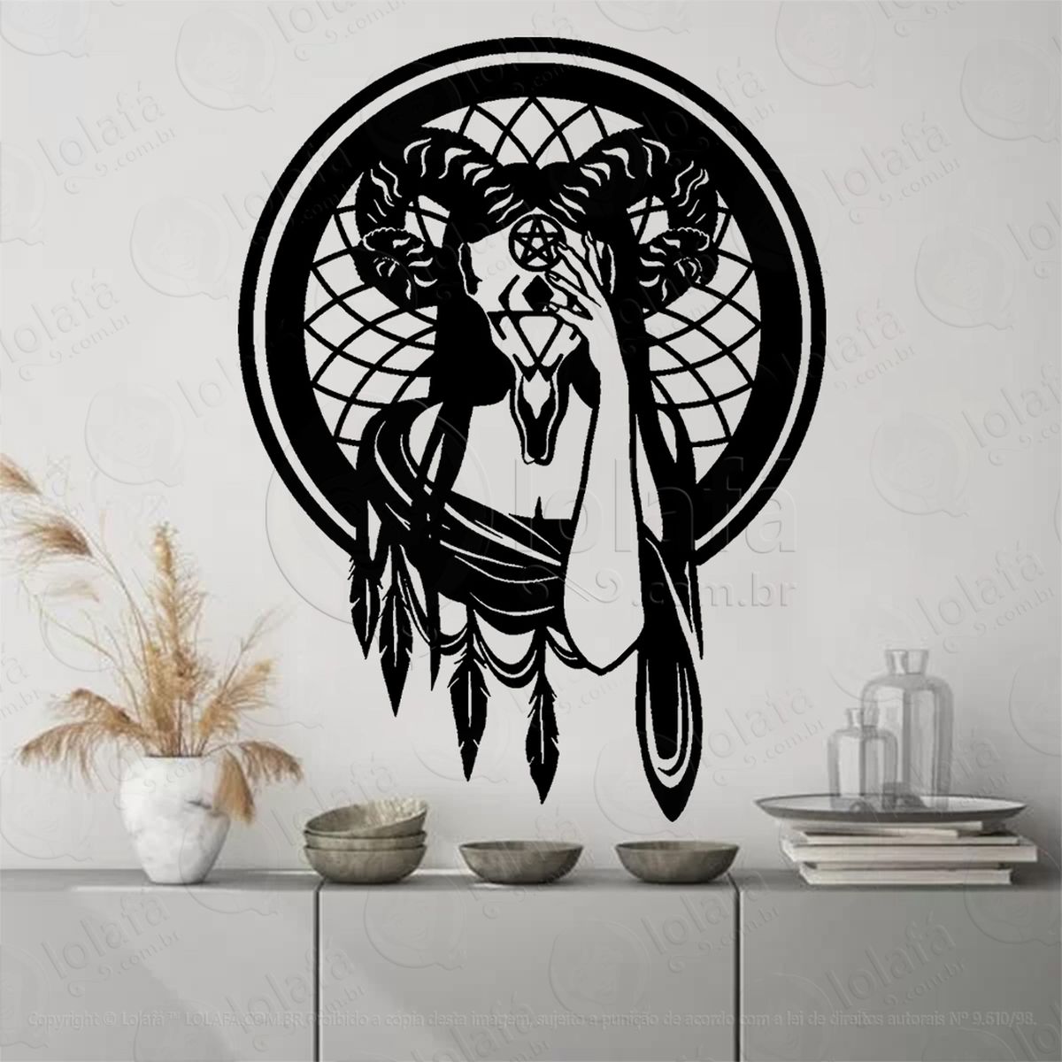 caveira de bruxa gótica filtro dos sonhos adesivo de parede decorativo para casa, sala, quarto, vidro e altar ocultista - mod:294