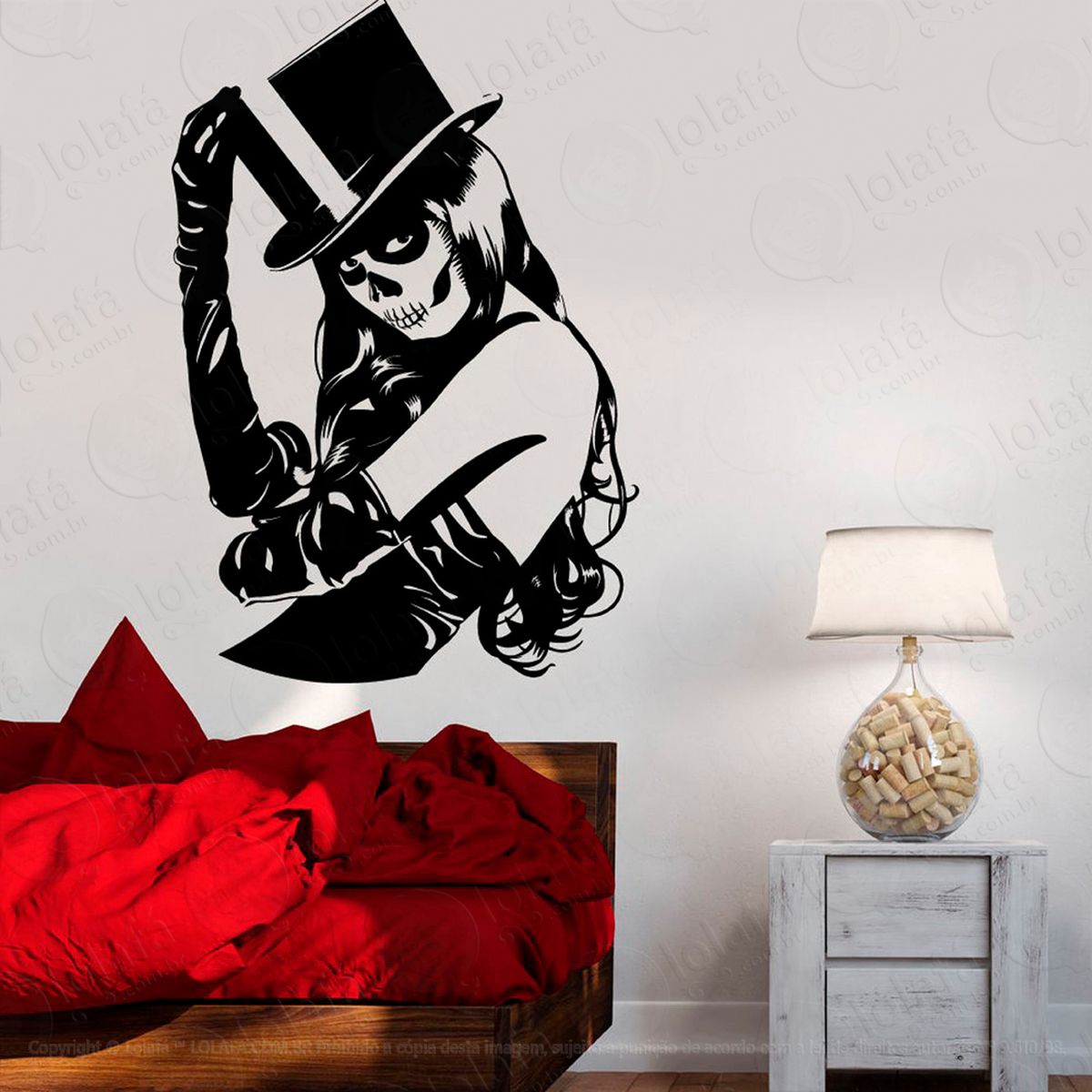 garota caveira adesivo de parede decorativo para casa, sala, quarto e vidro - mod:53