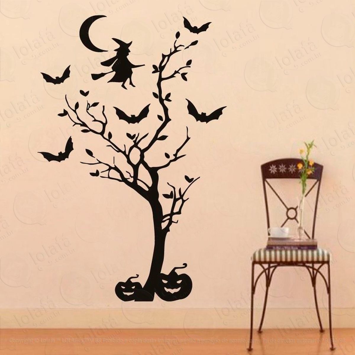 halloween arvore e bruxa adesivo de parede decorativo para casa, sala, quarto e vidro - mod:59