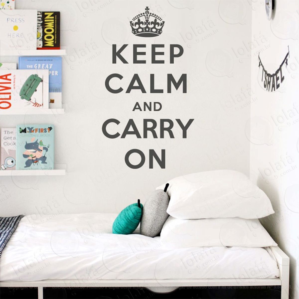 keep calm and carry adesivo de parede frase personalizada para sala, quarto, porta e vidro - mod:25