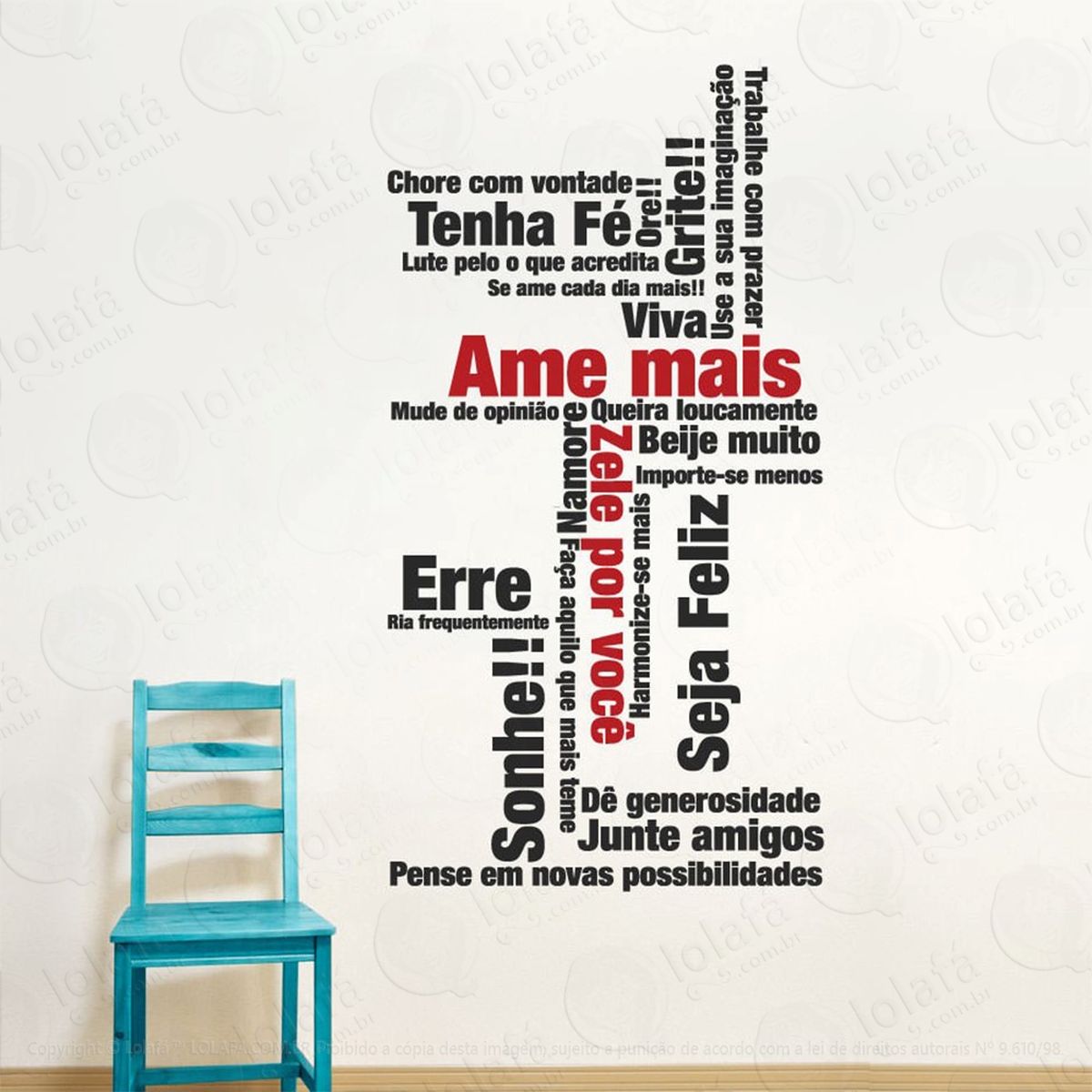 ame mais mosaico adesivo de parede frase personalizada para sala, quarto, porta e vidro - mod:31