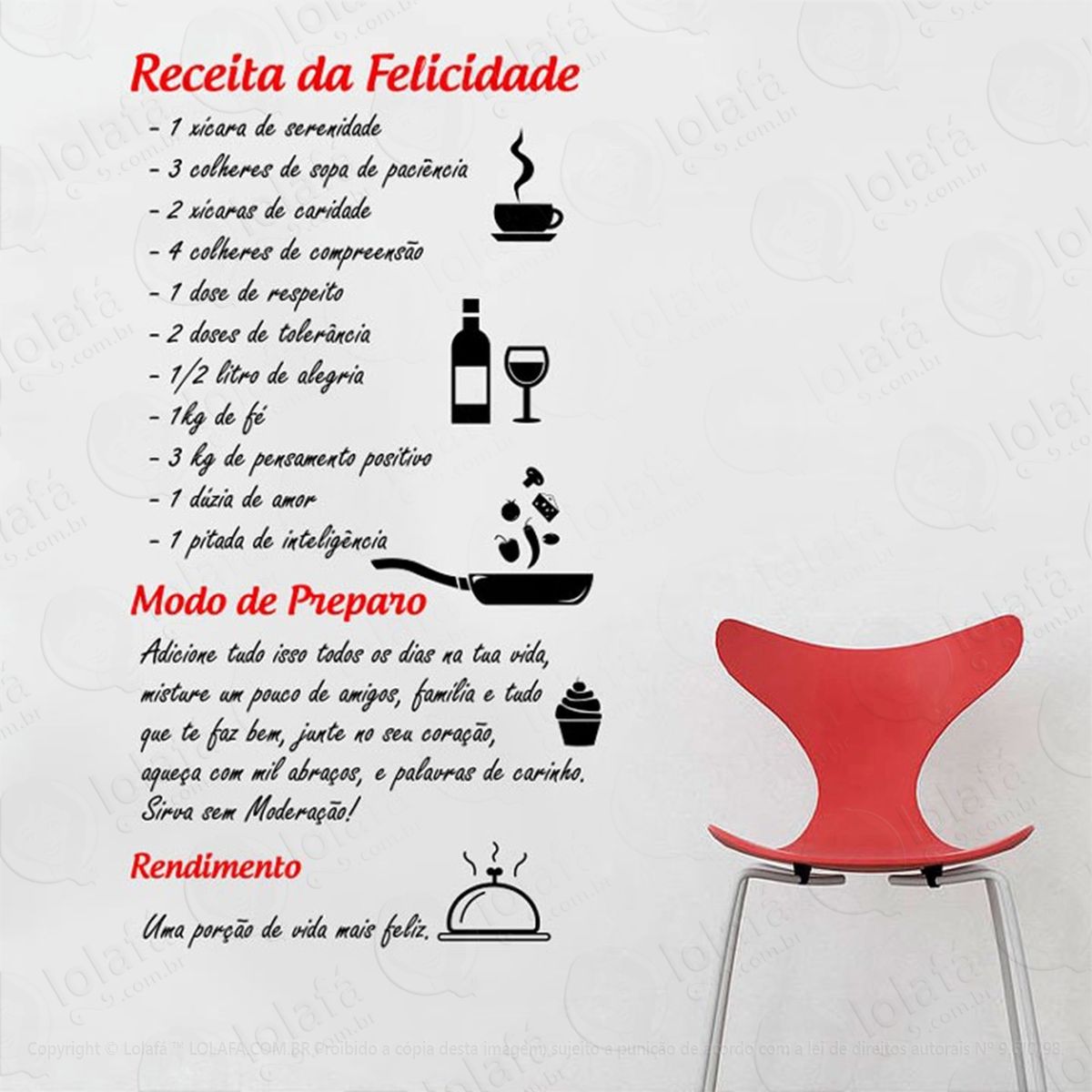 receita da felicidade adesivo de parede frase personalizada para sala, quarto, porta e vidro - mod:35