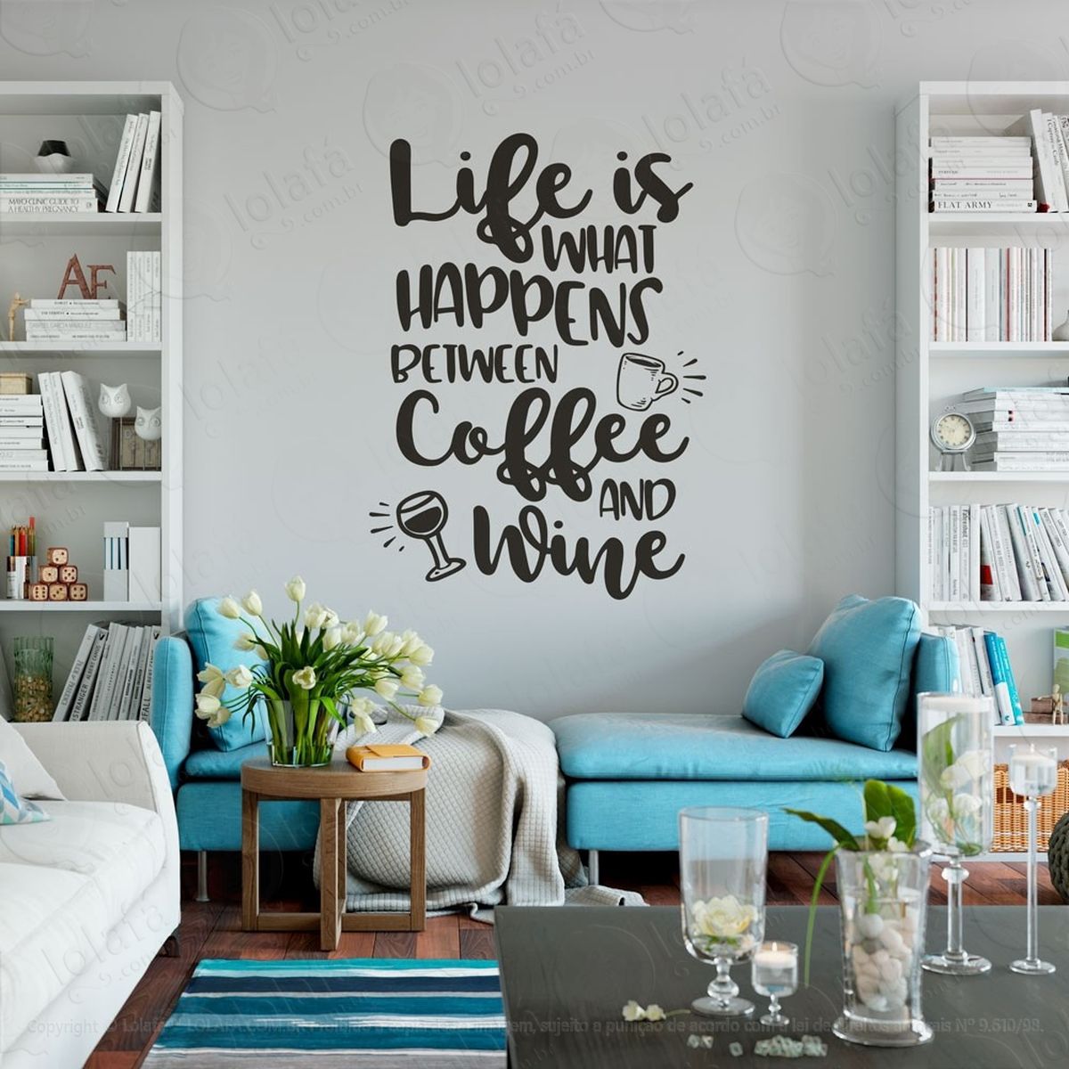 coffee and wine adesivo de parede frase personalizada para sala, quarto, porta e vidro - mod:49