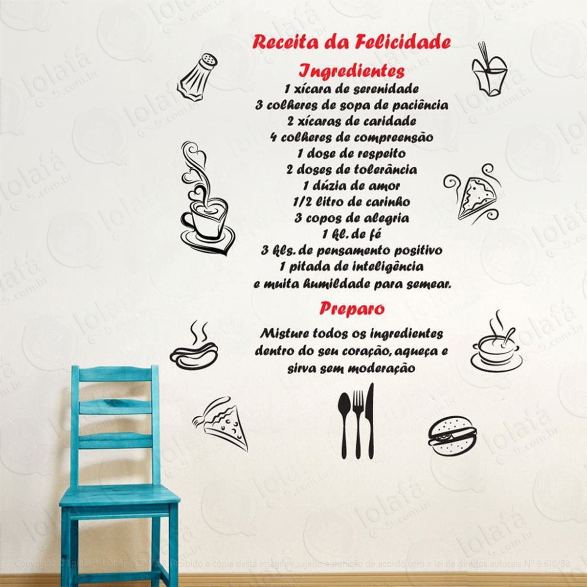 receita da felicidade adesivo de parede frase personalizada para sala, quarto, porta e vidro - mod:76