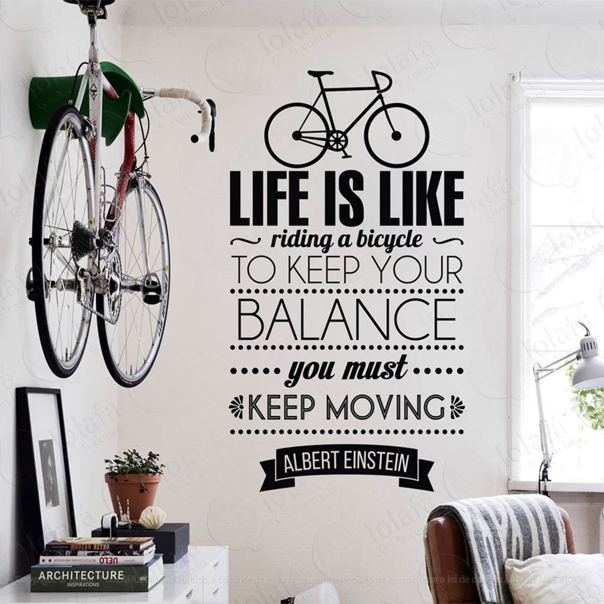 life and bicycle adesivo de parede frase personalizada para sala, quarto, porta e vidro - mod:103