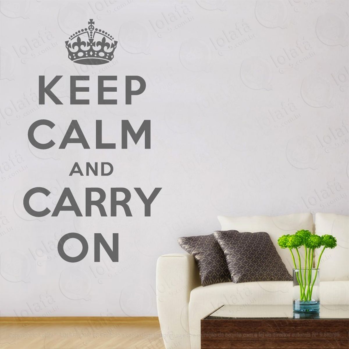 keep calm and carry adesivo de parede frase personalizada para sala, quarto, porta e vidro - mod:131
