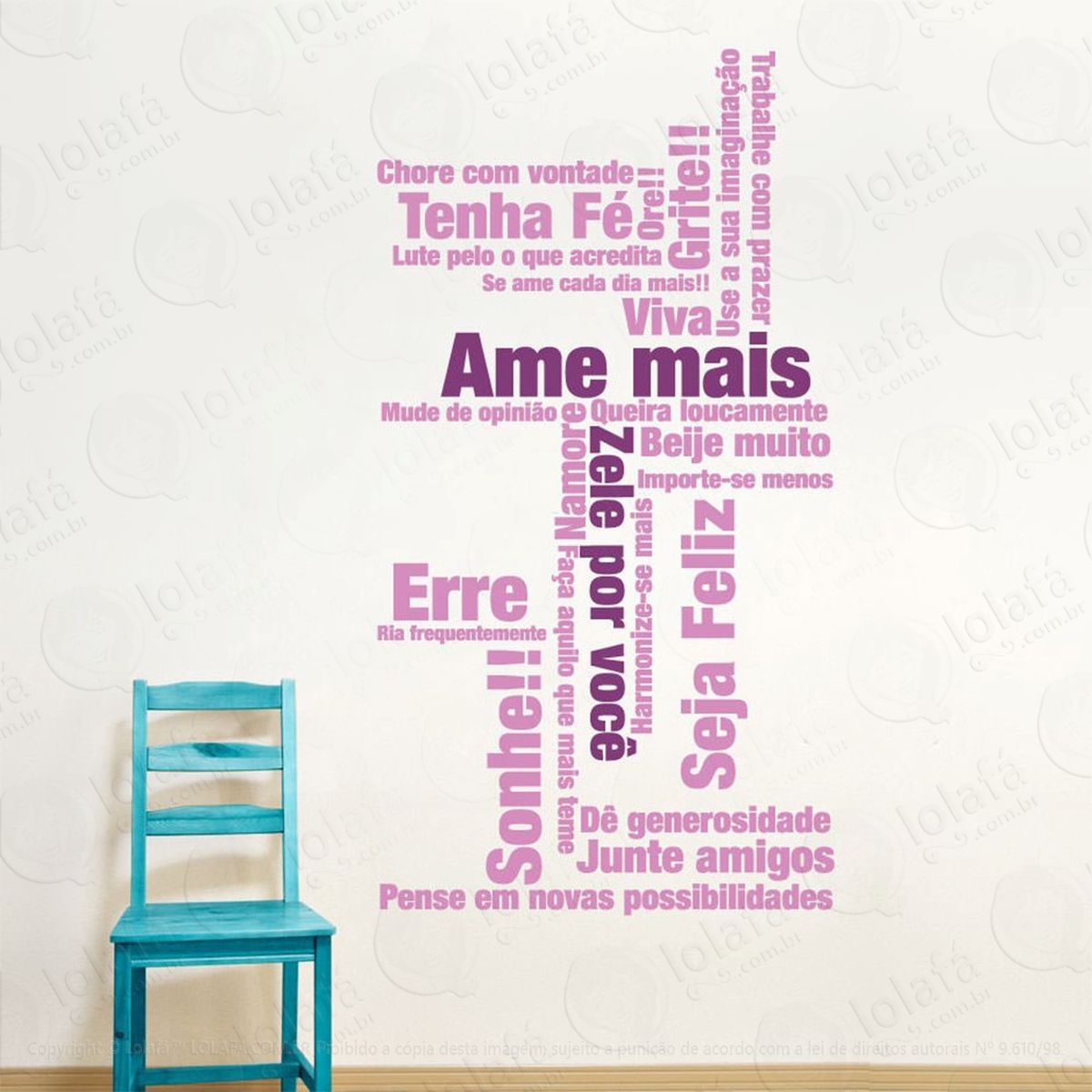 ame mais mosaico adesivo de parede frase personalizada para sala, quarto, porta e vidro - mod:137