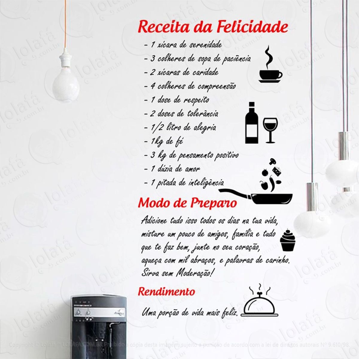 receita da felicidade adesivo de parede frase personalizada para sala, quarto, porta e vidro - mod:140