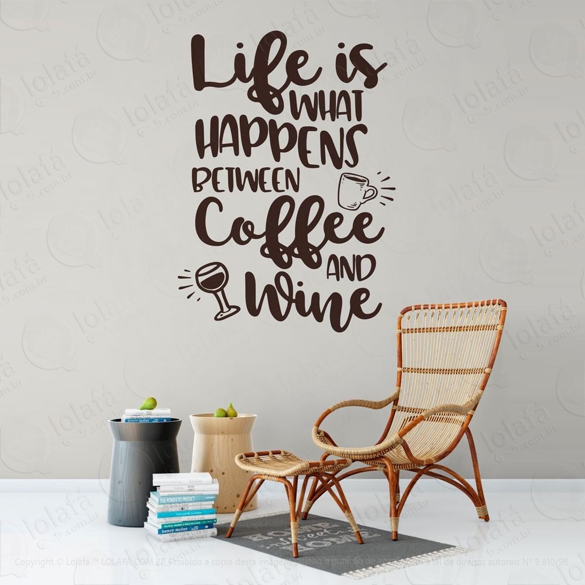 coffee and wine adesivo de parede frase personalizada para sala, quarto, porta e vidro - mod:154