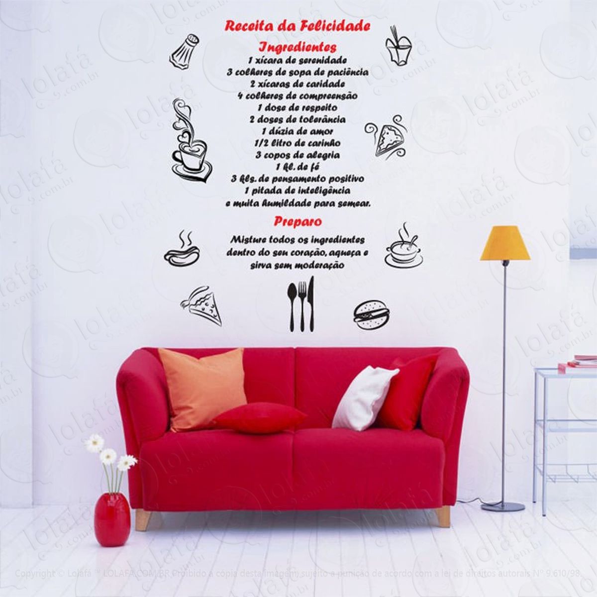 receita da felicidade adesivo de parede frase personalizada para sala, quarto, porta e vidro - mod:179