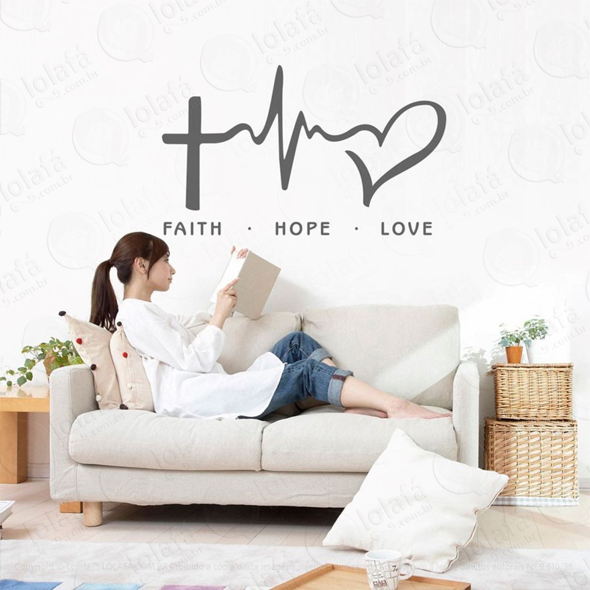 faith, hope, love adesivo de parede frase personalizada para sala, quarto, porta e vidro - mod:249