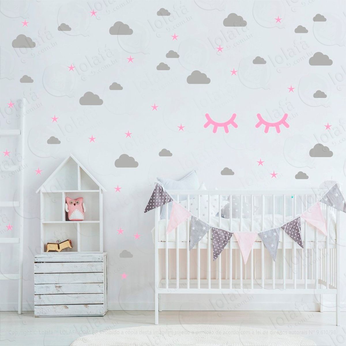adesivos nuvens cílios e estrelas 76 peças adesivos para quarto de bebê infantil - mod:99