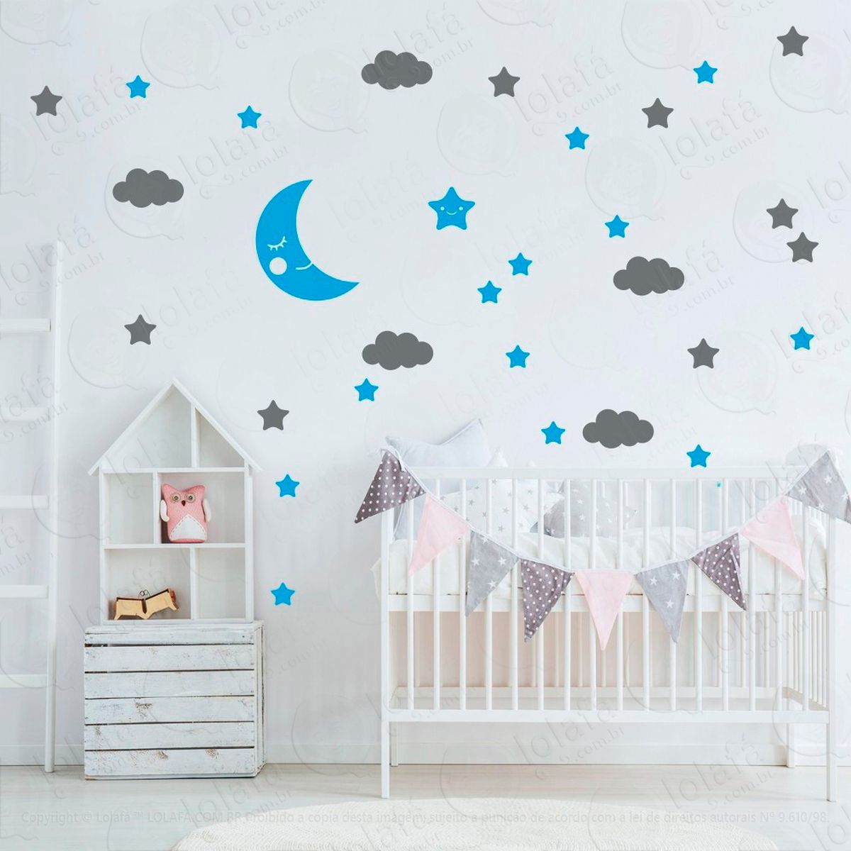 adesivos lua nuvens e estrelas 62 peças adesivos para quarto de bebê infantil - mod:162