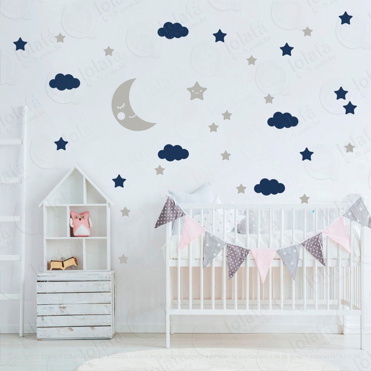 adesivos lua nuvens e estrelas 62 peças adesivos para quarto de bebê infantil - mod:165