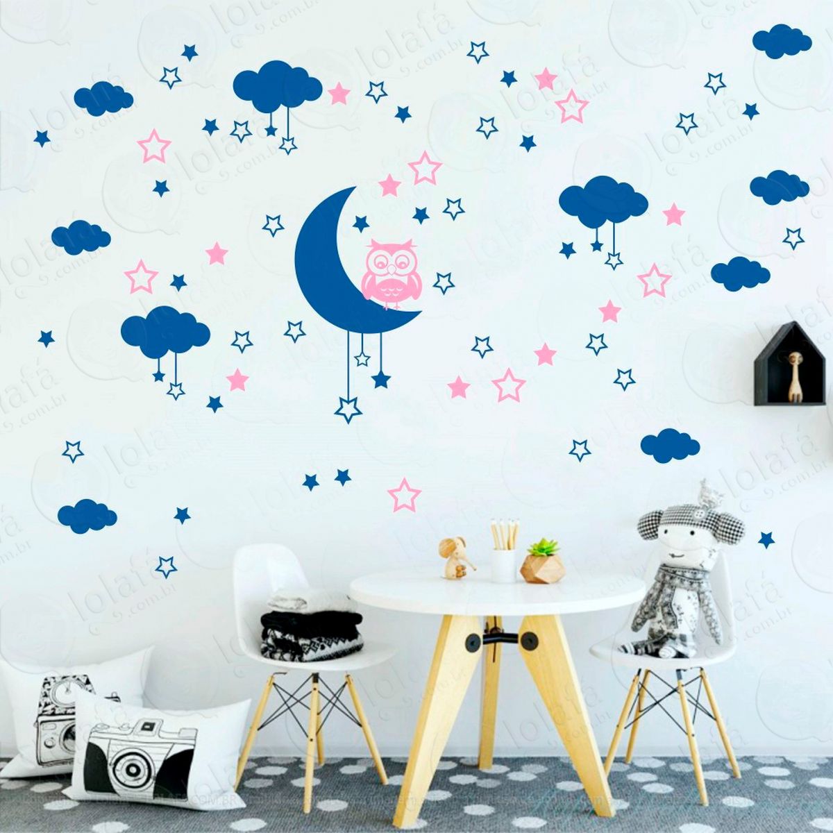 adesivos lua nuvens estrelas e coruja 103 peças adesivos para quarto de bebê infantil - mod:180