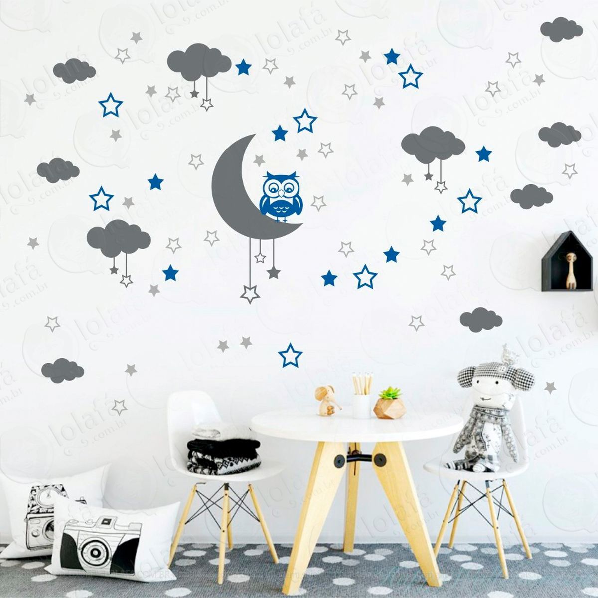 adesivos lua nuvens estrelas e coruja 103 peças adesivos para quarto de bebê infantil - mod:181